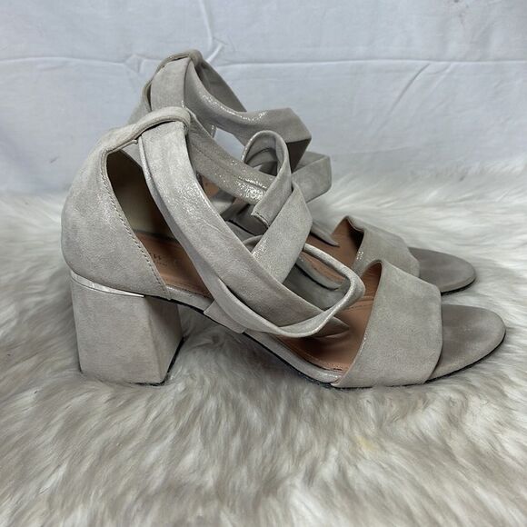 Lewit Metallic Tan Ankle Wrap Suede Block Heel Sandals Sz 37.5/7.5 - Picture 4 of 6